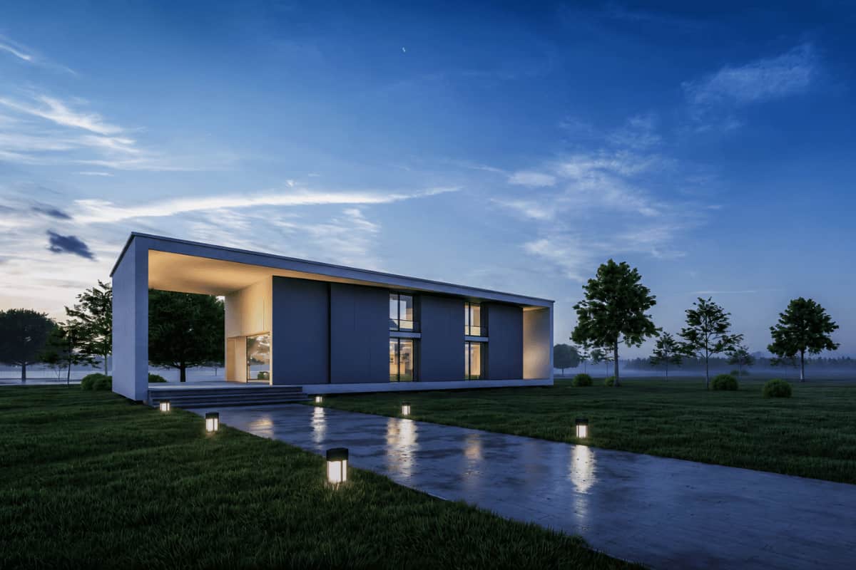 Modern luxury house surrounded by greenery, representing peaceful residential properties and homes